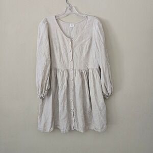 Opia Linen Button Front Puff Sleeve Mini Dress Oatmeal Beige XS